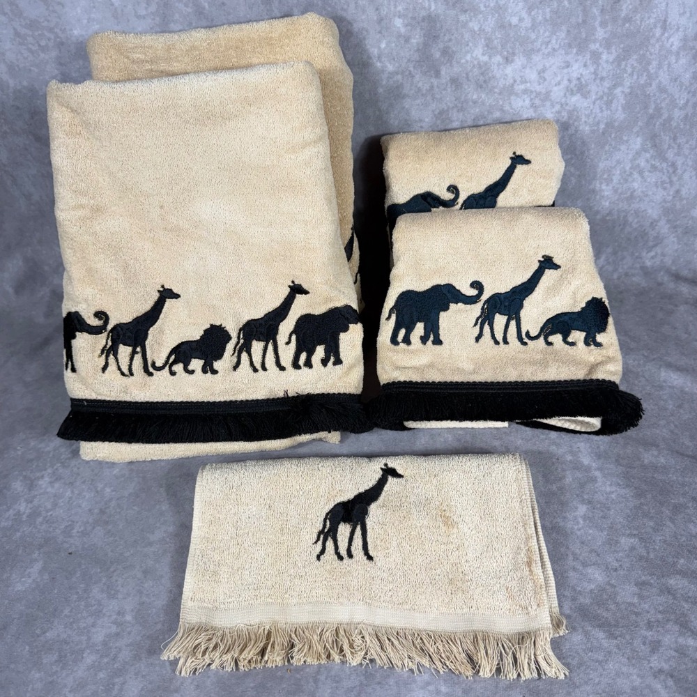 Vtg Avanti Safari Animal Embroidered Fringe Towel Set 5pc Beige Black Cotton USA